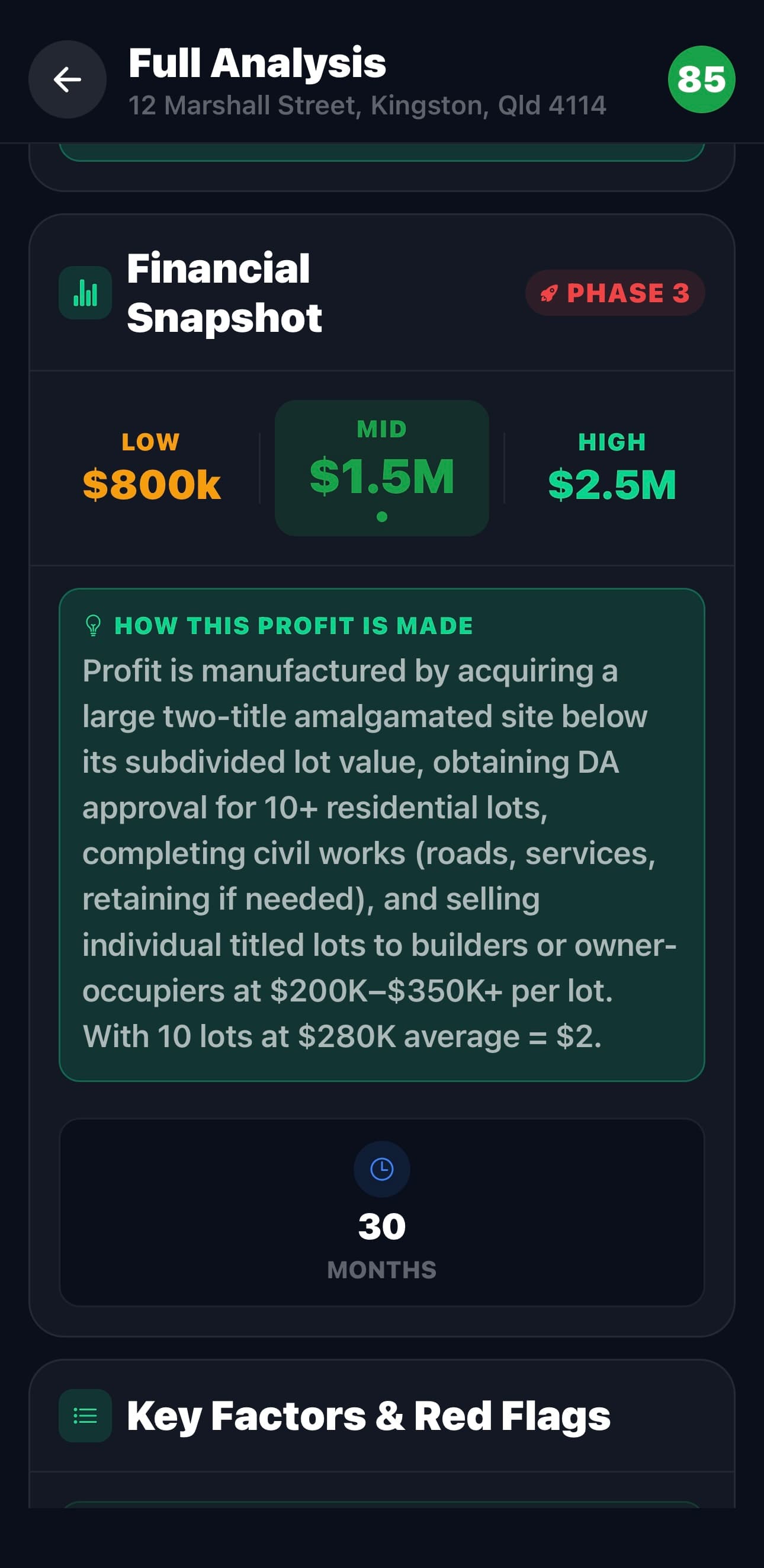 FlipPro Financial Snapshot showing profit projections from $800k to $2.5M