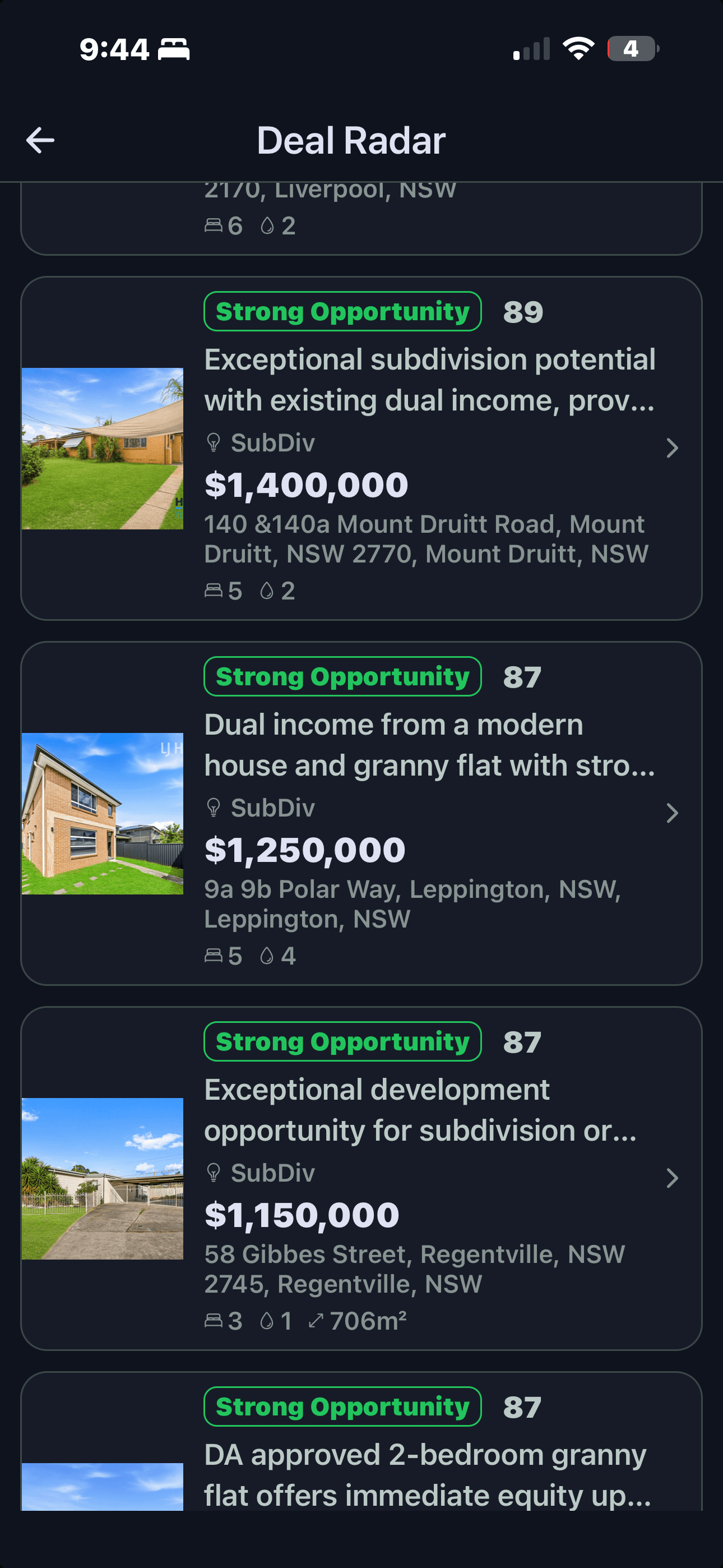 FlipPro AI Deal Radar showing four daily AI-curated property opportunities with deal scores in the mid-80s and strategy tags including subdivision, dual-occupancy and granny flat